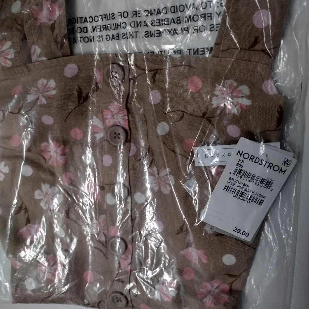 BUTTON FRONT LINEN BLEND TANK IN BEIGE- PINK SOPHIE FLORAL XS - Picture 5 of 5